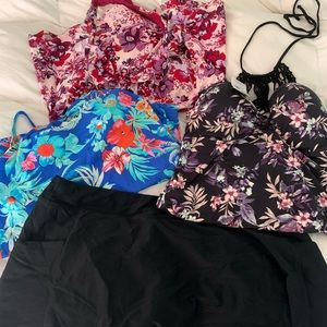 3 Tankini tops & black swim skirt